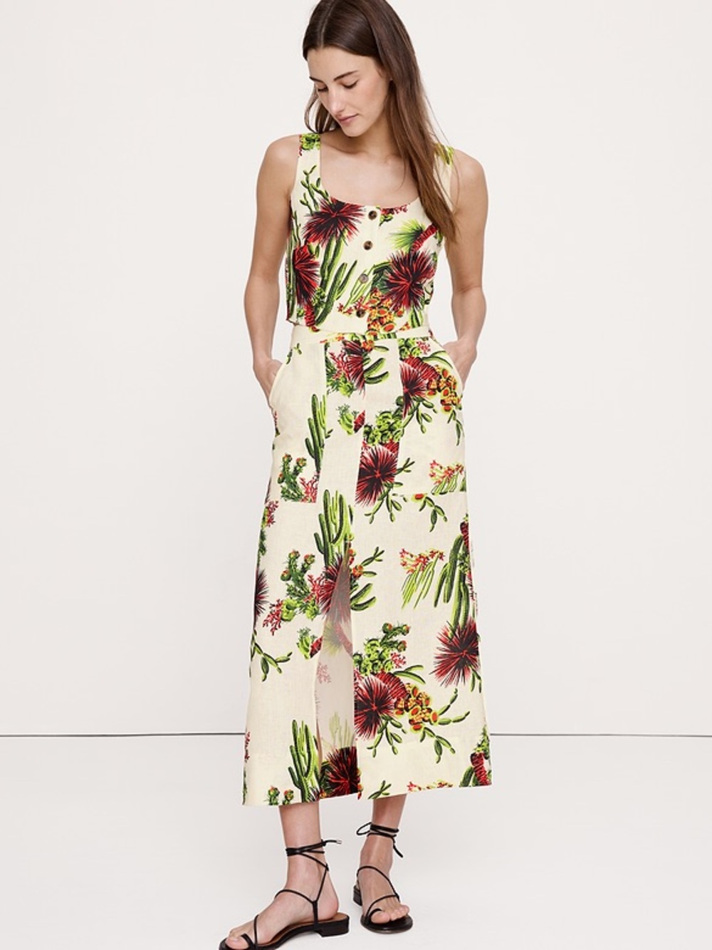 BANANA REPUBLIC LINEN FRONT-SLIT MIDI SKIRT